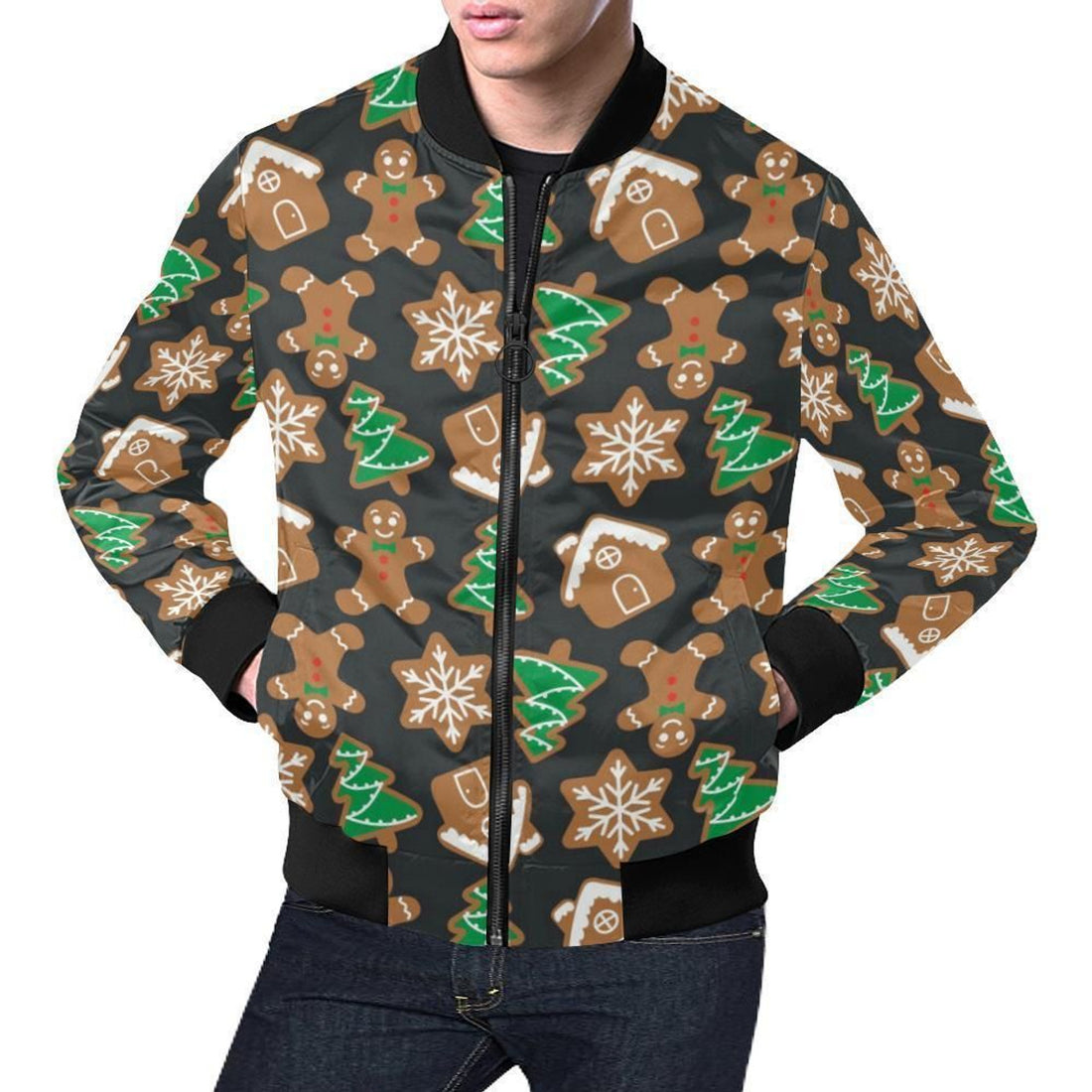 FUNSTUFFPRINT Gingerbread Man Pattern Print Chirstmas Mens 3D Bomber Jacket