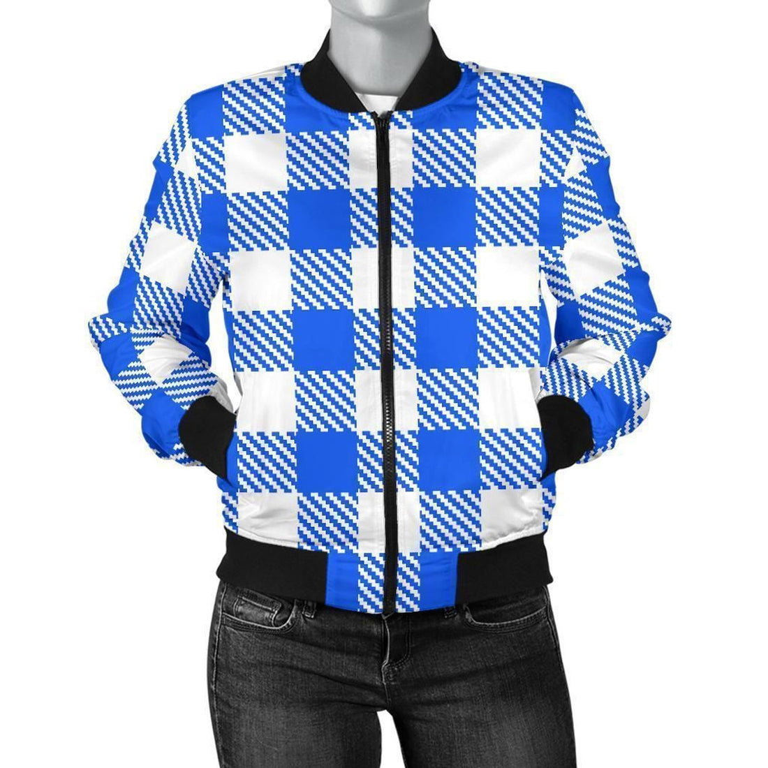 FUNSTUFFPRINT Gingham Blue Pattern Print Women Casual 3D Bomber Jacket