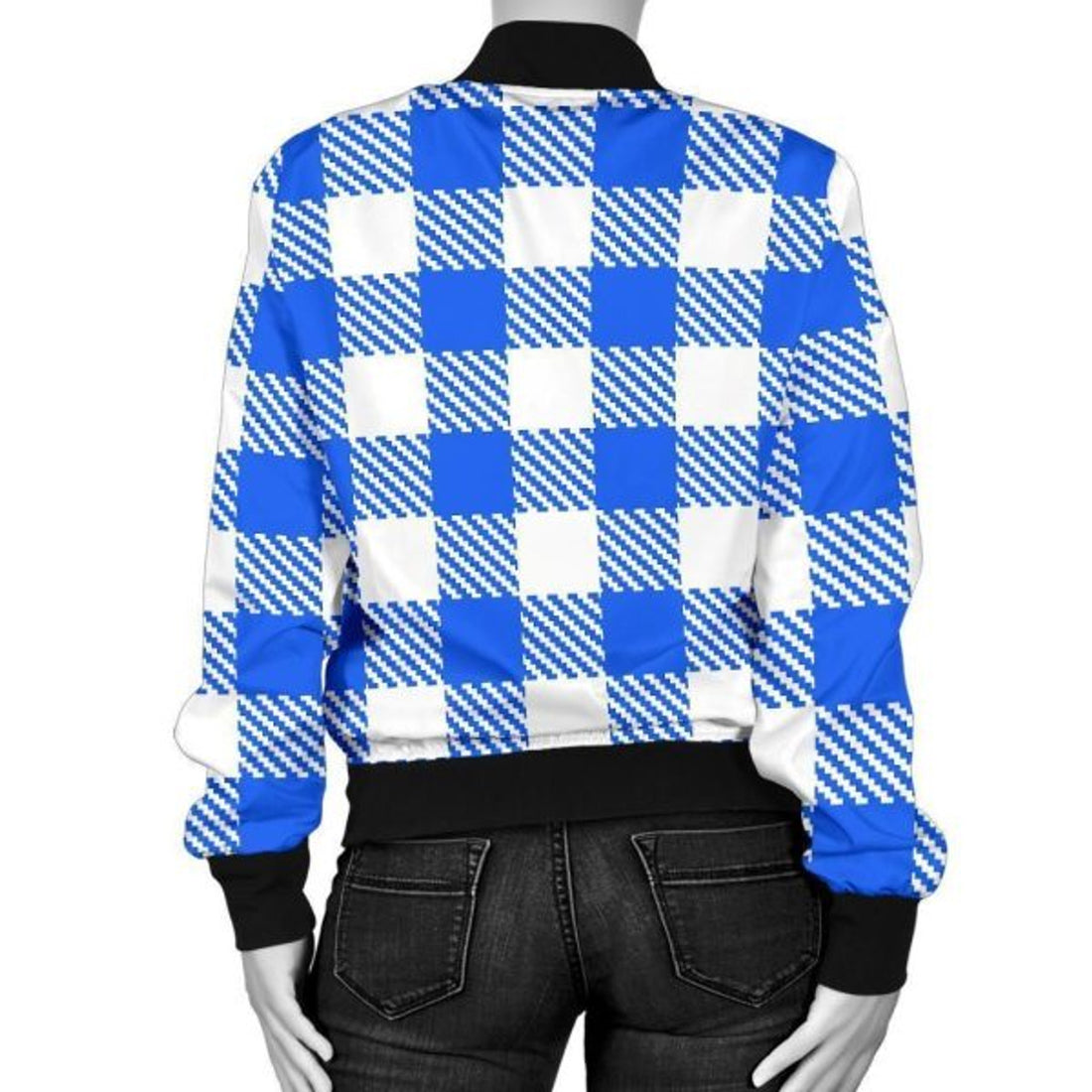 FUNSTUFFPRINT Gingham Blue Pattern Print Women Casual Bomber Jacket