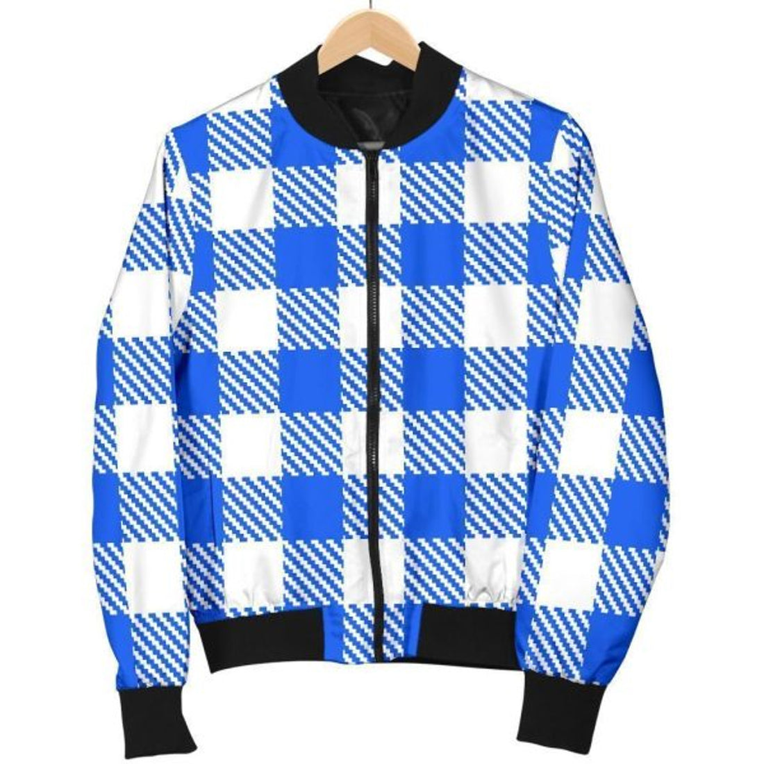 FUNSTUFFPRINT Gingham Blue Pattern Print Women Casual Bomber Jacket