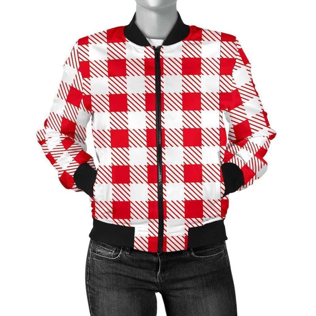 FUNSTUFFPRINT Gingham Red Pattern Print Women Casual 3D Bomber Jacket