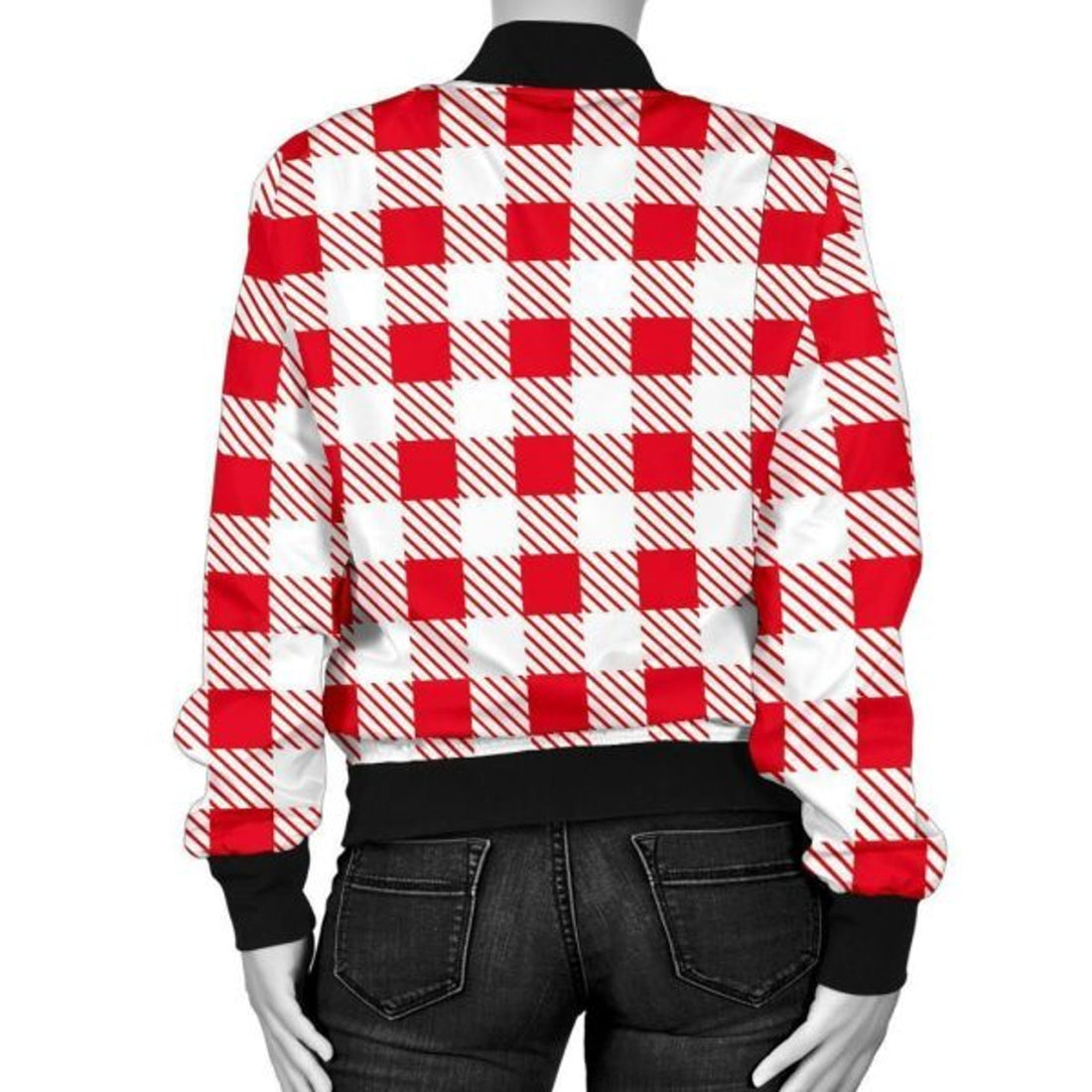 FUNSTUFFPRINT Gingham Red Pattern Print Women Casual Bomber Jacket