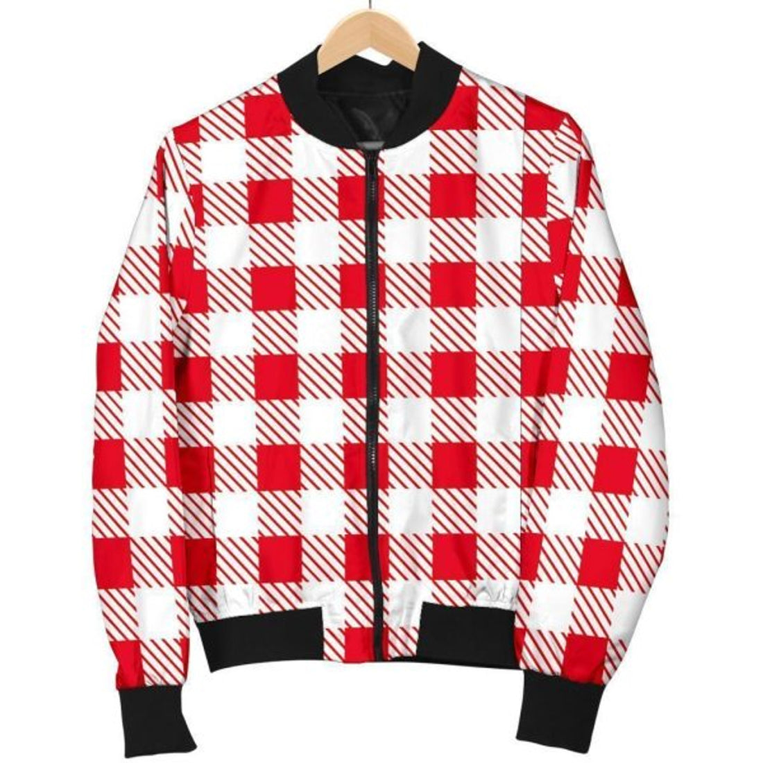 FUNSTUFFPRINT Gingham Red Pattern Print Women Casual Bomber Jacket