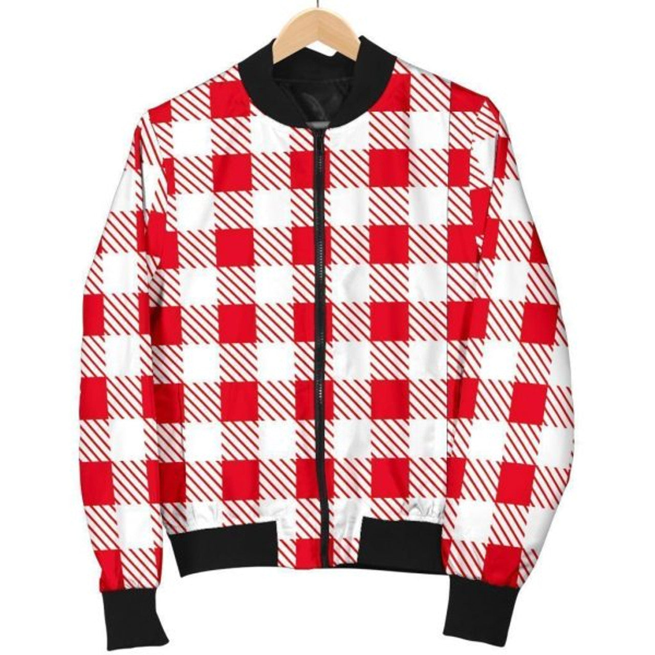 FUNSTUFFPRINT Gingham Red Pattern Print Women Casual Bomber Jacket