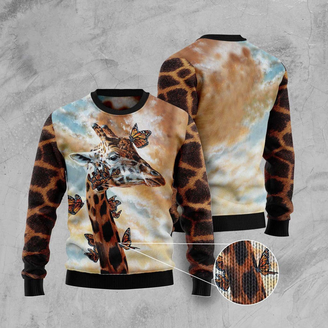 FUNSTUFFPRINT Giraffe Butterfly Ugly Christmas Sweater, Christmas Sweater, Ugly Sweater, Funny Xmas Sweaters Ugly Sweater