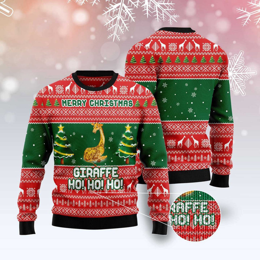 FUNSTUFFPRINT Giraffe Ho Ho Ho Ugly Christmas Sweater, Christmas Sweater, Ugly Sweater, Funny Xmas Sweaters Ugly Sweater