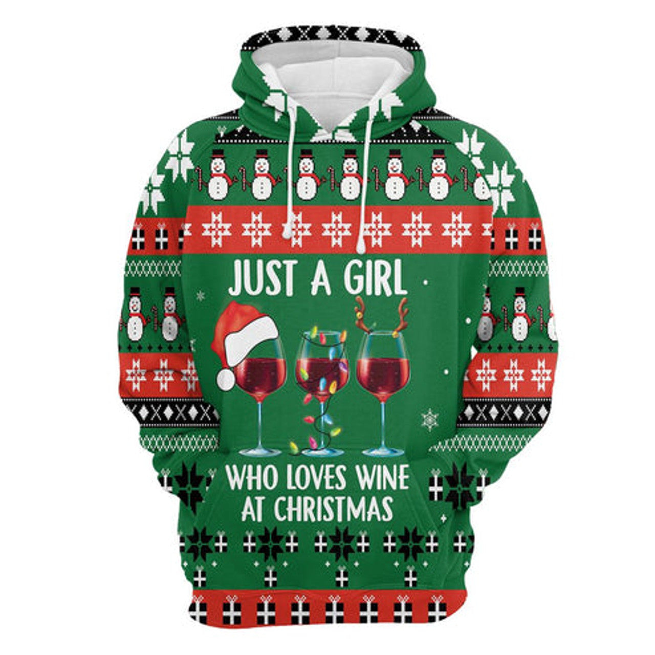 FUNSTUFFPRINT 3D Girl Loves Wine At Christmas All Over 3D Hoodie and Zip Hoodie