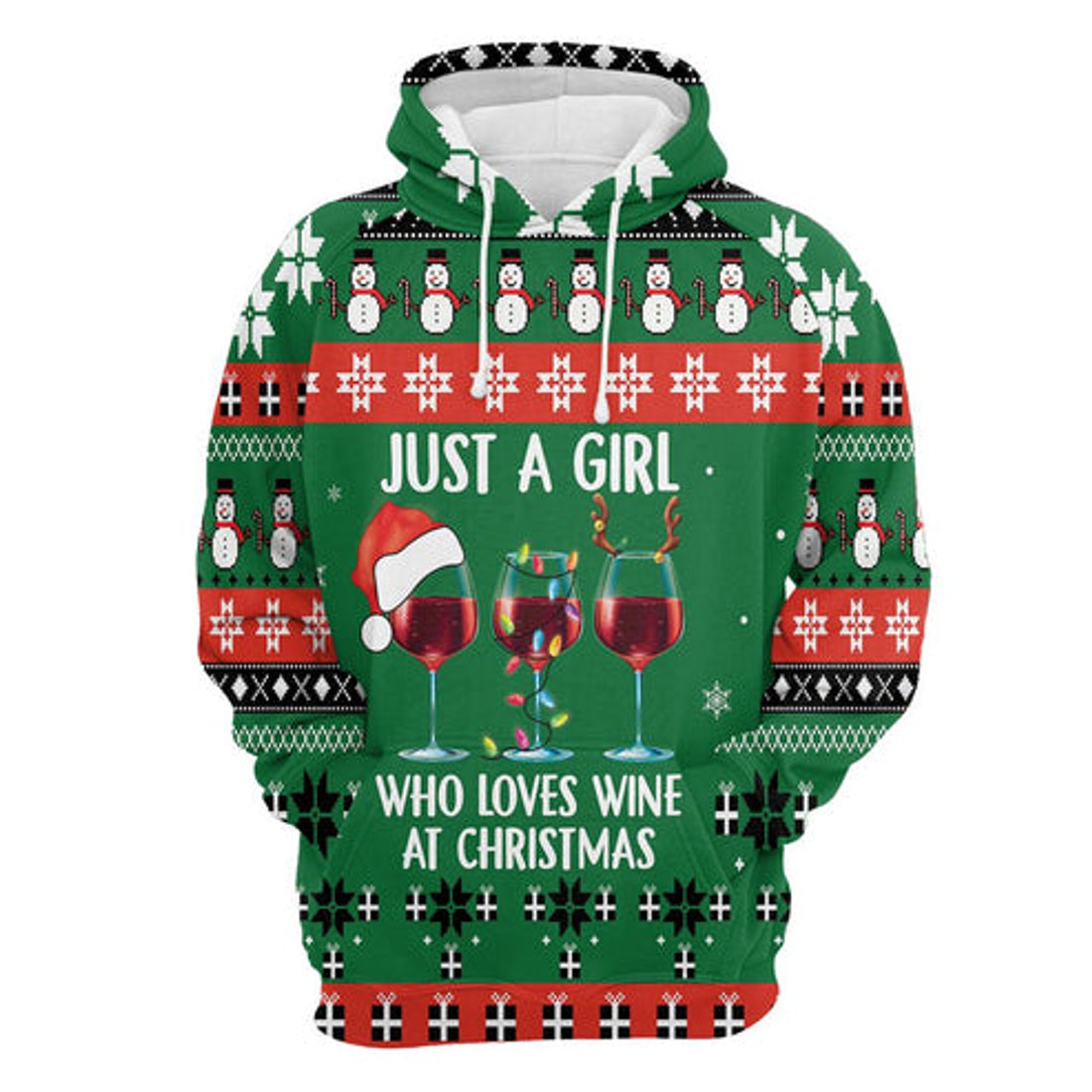 FUNSTUFFPRINT 3D Girl Loves Wine At Christmas All Over 3D Hoodie and Zip Hoodie