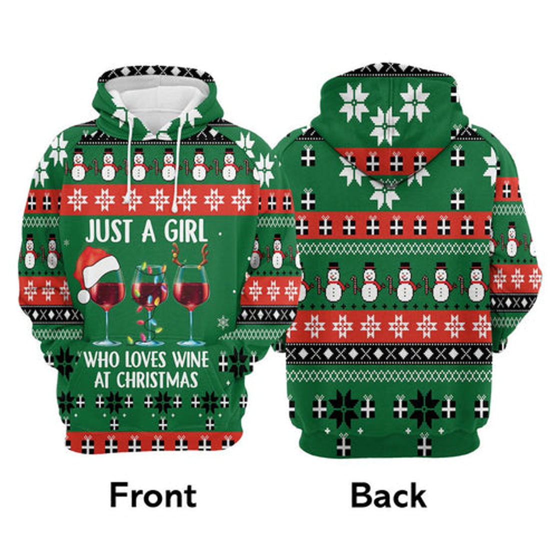 FUNSTUFFPRINT 3D Girl Loves Wine At Christmas All Over 3D Hoodie and Zip Hoodie