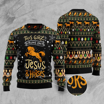 FUNSTUFFPRINT Girls Run On Jesus And Horses Ugly Christmas Sweater - Xmas Gifts For Him Or Her - Christmas Gift For Friends - Jesus Christ Sweater Ugly  Sweater
