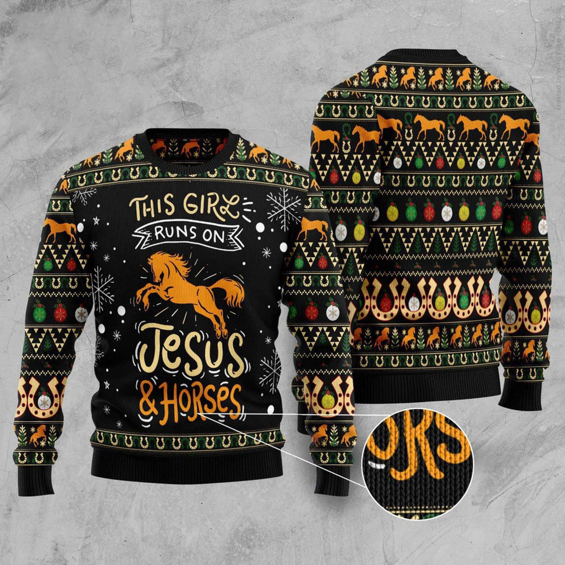 FUNSTUFFPRINT Girls Run On Jesus And Horses Ugly Christmas Sweater, Christmas Sweater, Ugly Sweater, Funny Xmas Sweaters Ugly Sweater