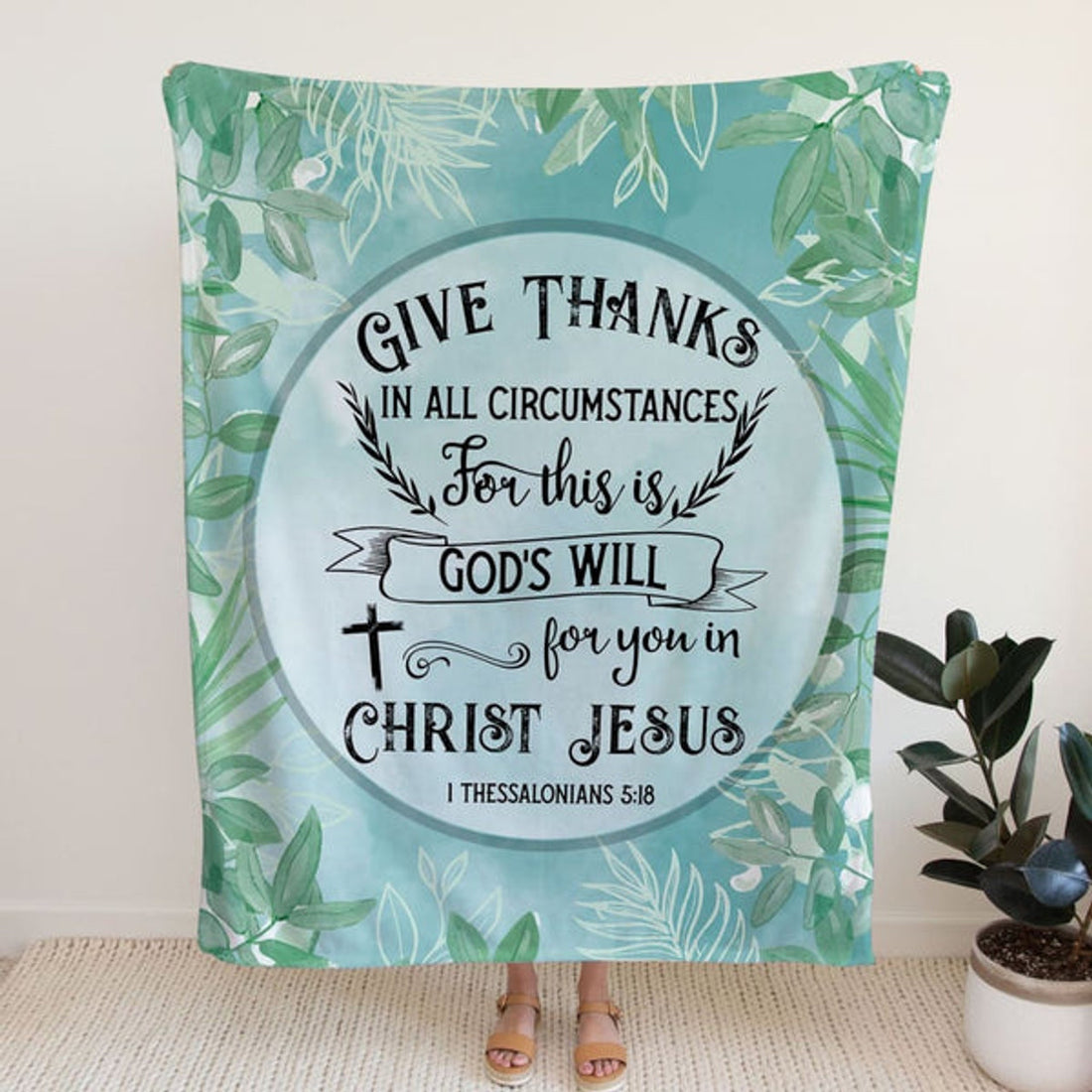 FUNSTUFFPRINT Give Thanks In All Circumstances 1 Thessalonians 518 Green Fleece Blanket - Christian Blanket - Bible Verse Blanket