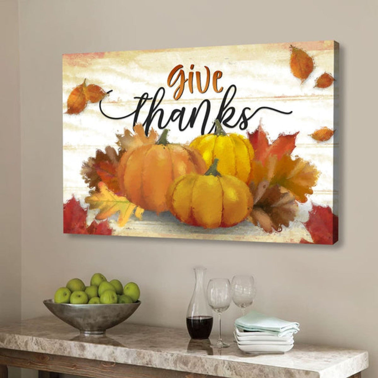 Give Thanks, Pumpkin, Fall Thanksgiving Wall Art Canvas - Religious Wall Decor