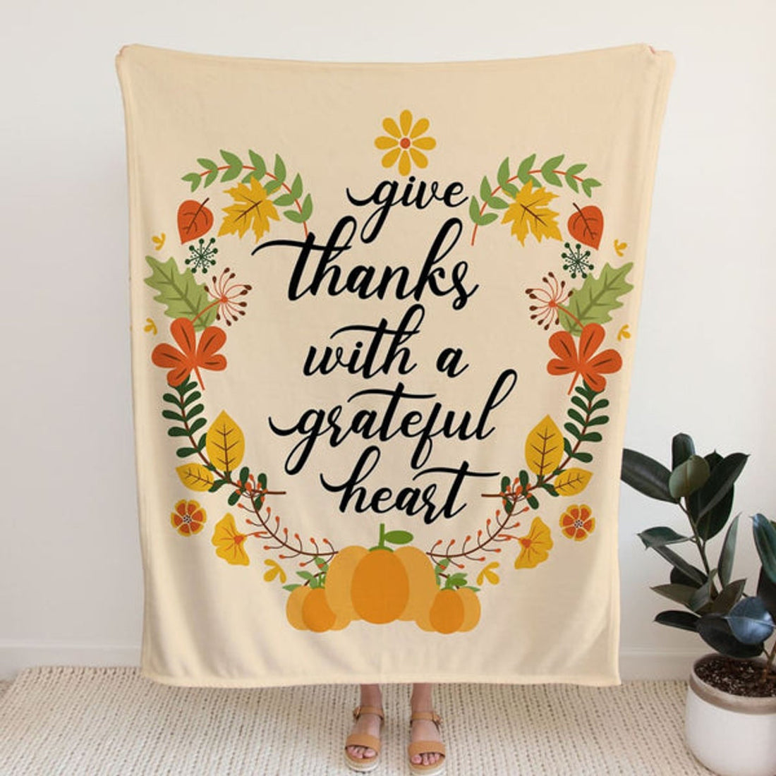 FUNSTUFFPRINT Give Thanks With A Grateful Heart Fleece Blanket - Christian Blanket - Bible Verse Blanket