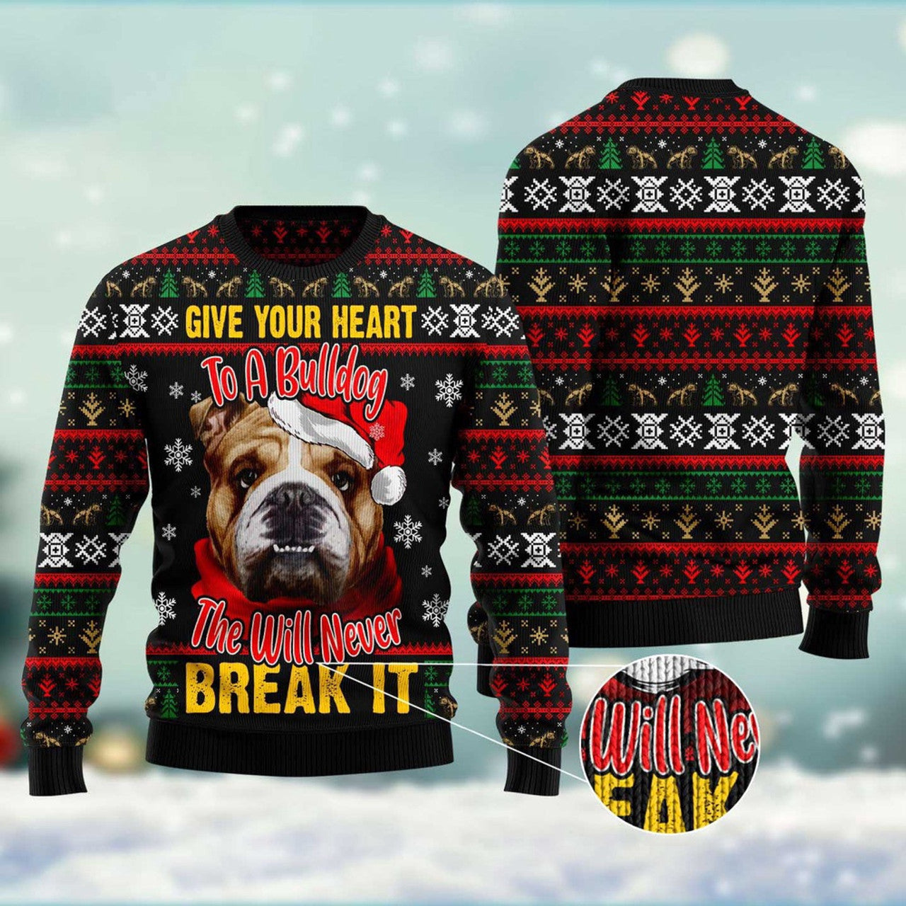 FUNSTUFFPRINT Give Your Heart Bulldog Ugly Christmas Sweater, Dog Ugly Christmas Sweater, Ugly Dog Sweaters Ugly  Sweater