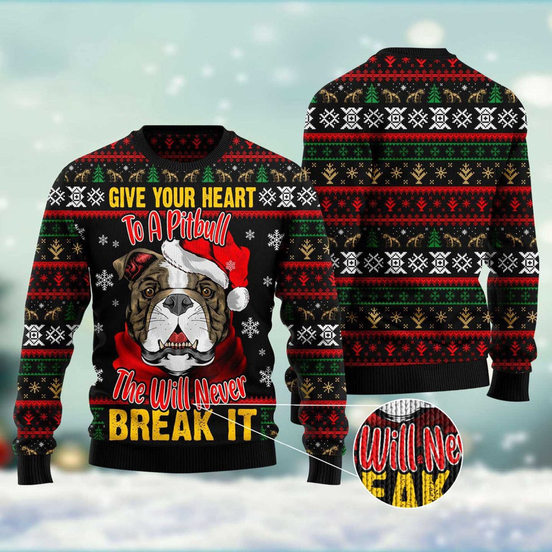 FUNSTUFFPRINT Give Your Heart Pitbull Ugly Christmas Sweater, Christmas Sweater, Ugly Sweater, Funny Xmas Sweaters Ugly Sweater