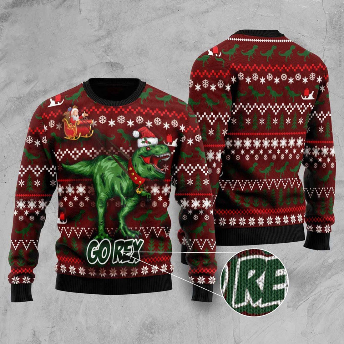 FUNSTUFFPRINT Go Rex Ugly Christmas Sweater, Christmas Sweater, Ugly Sweater, Funny Xmas Sweaters Ugly Sweater