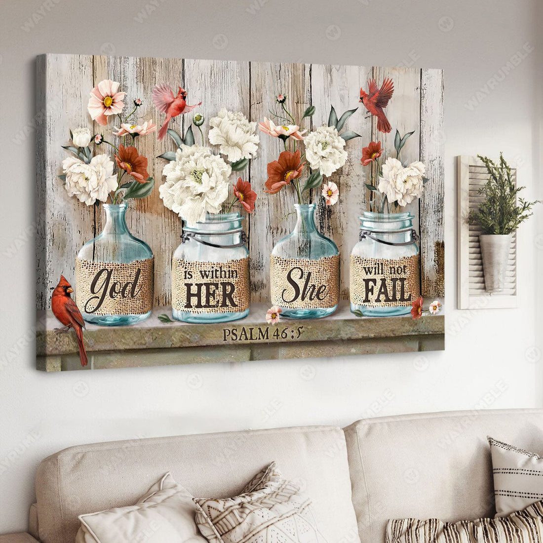 God Is Within Her She Will Not Fail, Cardinal Bird, Poster Decor, Flower Lover Poster and Canvas