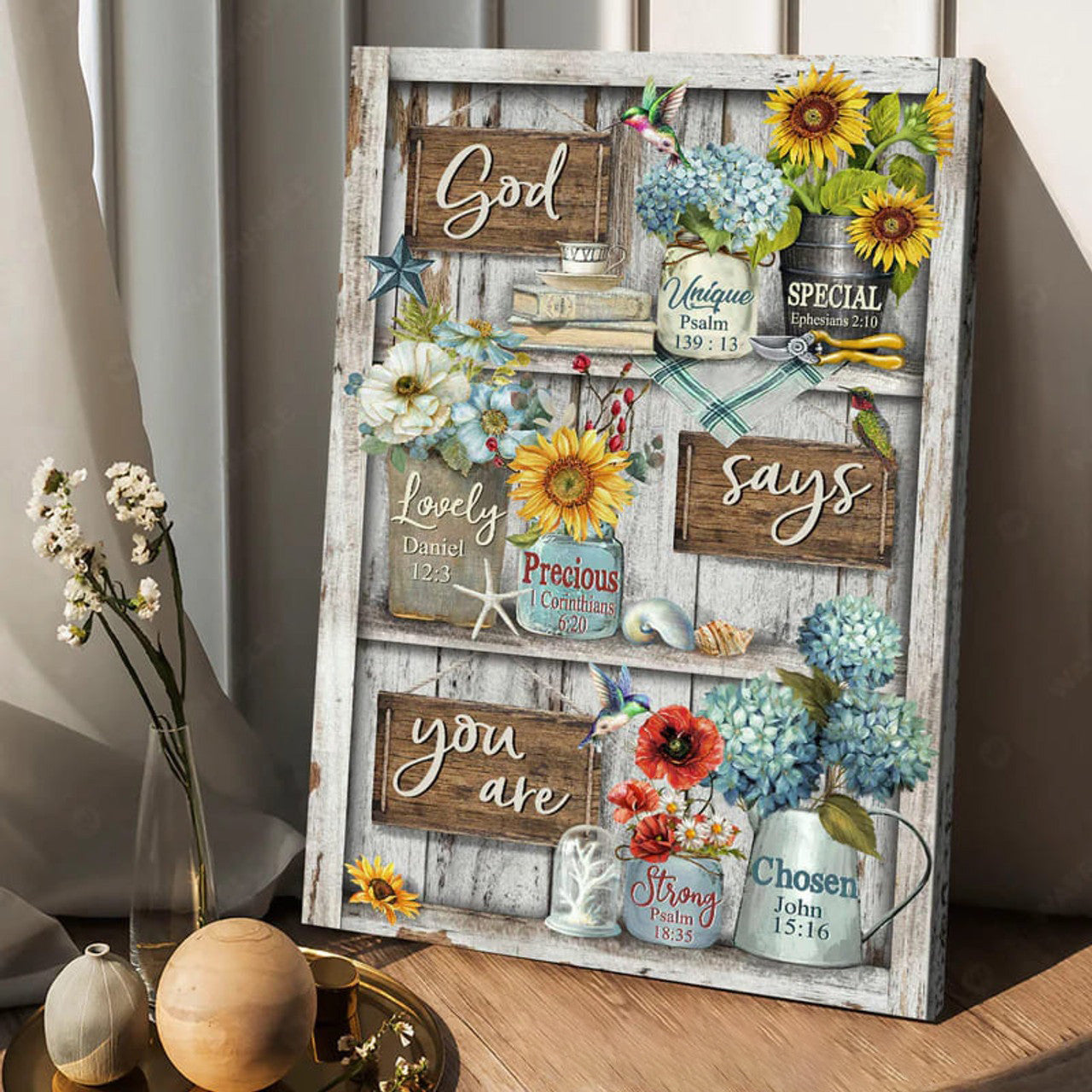 God Says You Are Lovely Special Strong Chosen Hummingbird Sunflower, Poster Decor Poster and Canvas
