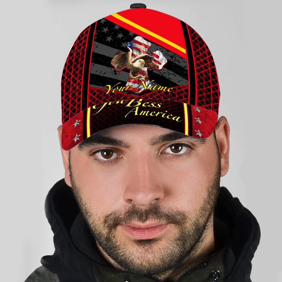 FUNSTUFFPRINT God Bless America Bald Eagle America Flag Custom Name All Over Print Baseball Cap - Christian Hats For Men Women