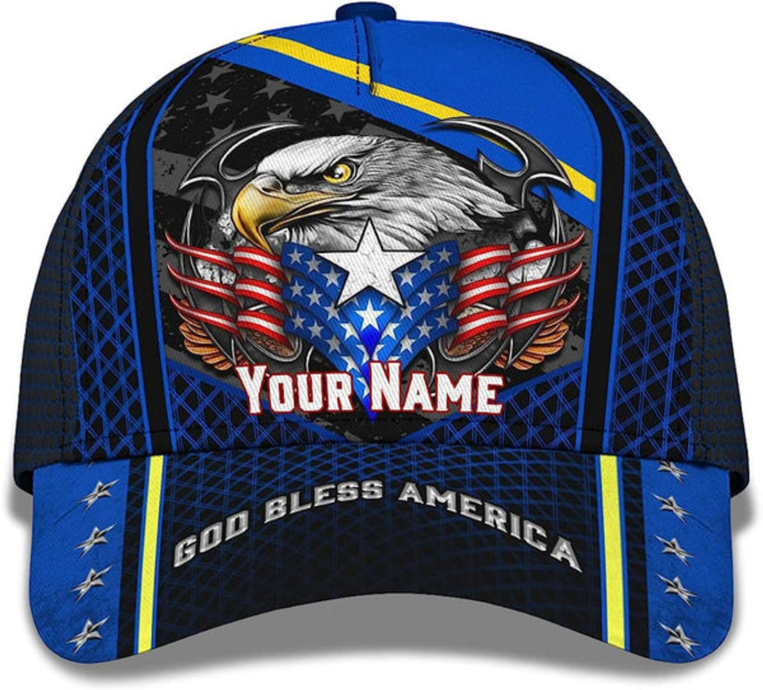 FUNSTUFFPRINT God Bless America Bald Eagle Stars Custom Name All Over Print Baseball Cap - Christian Hats For Men Women