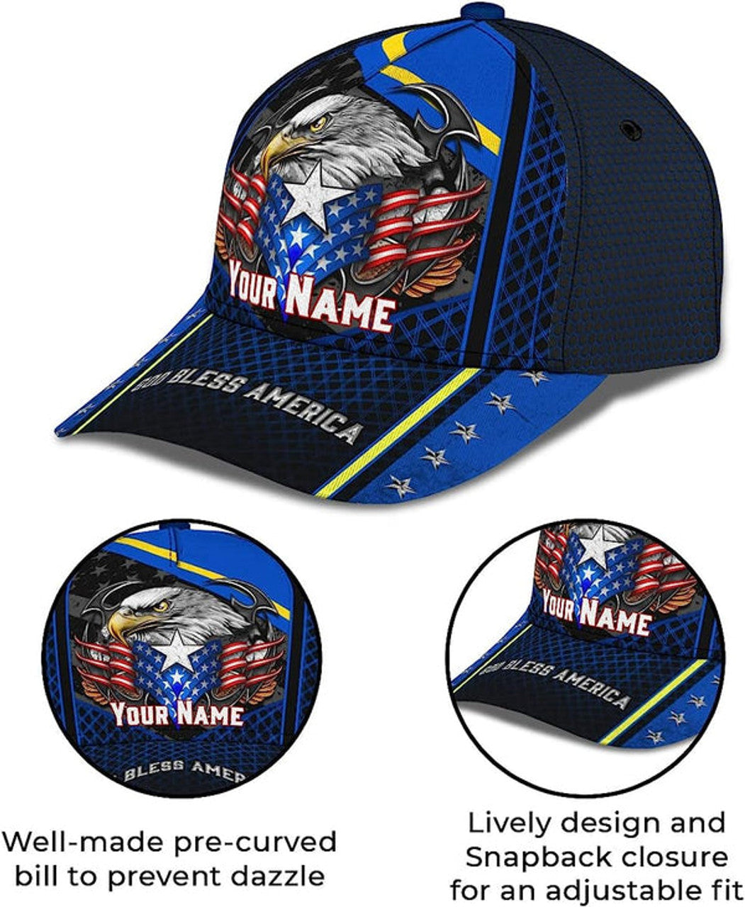 FUNSTUFFPRINT God Bless America Bald Eagle Stars Custom Name All Over Print Baseball Cap - Christian Hats For Men Women
