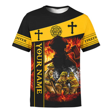 FUNSTUFFPRINT God Bless Our Firefighter One And All Keep Them Safe On Every Call - Christian 3d Shirts For Men Women - Custom Name 3D T-shirt