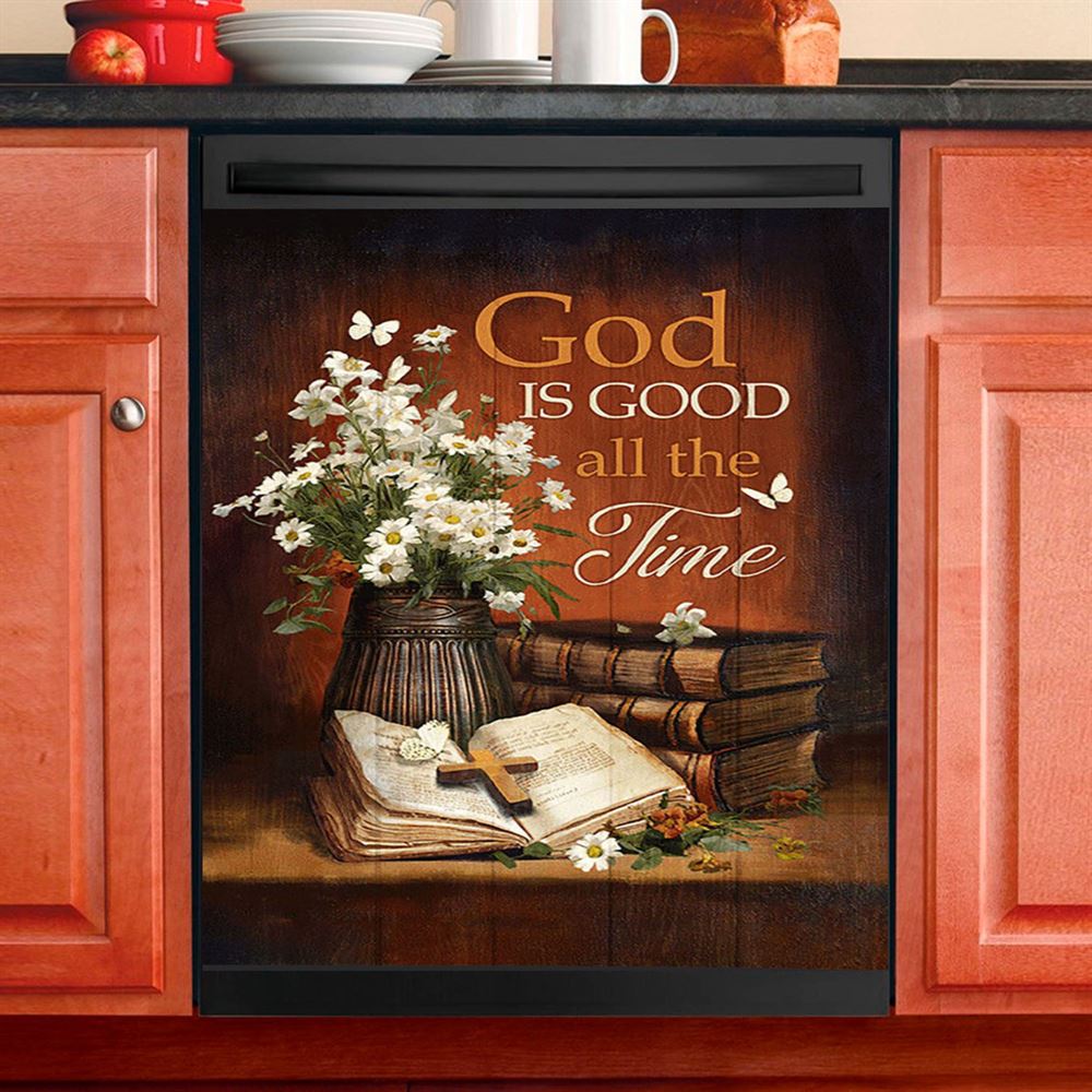 God Is Good All The Time Bible Daisy Vase Vintage White Butterfly Dishwasher Cover, Christian Dishwasher Stickers, Bible Verse Kitchen Decor