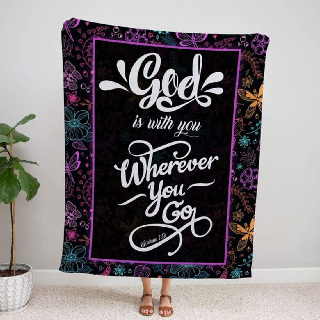 FUNSTUFFPRINT God Is With You Wherever You Go Joshua 19 Fleece Blanket - Christian Blanket - Bible Verse Blanket
