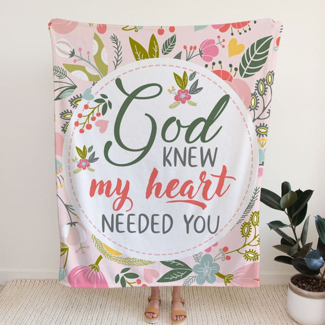 FUNSTUFFPRINT God Knew My Heart Needed You Fleece Blanket - Christian Blanket - Bible Verse Blanket