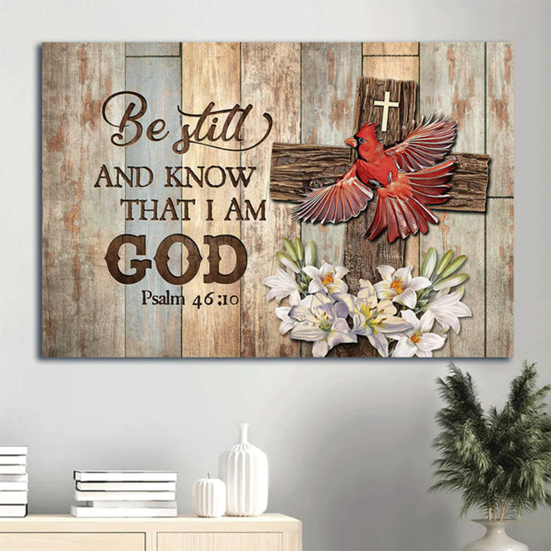 God Psalm 461 God Red Cardinal Canvas Wooden Cross Lily Flower Framed Canvas Wall Art - Christian Wall Decor