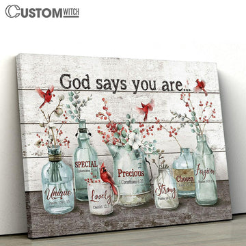 God Says You Are Baby Flower Cardinal Canvas Wall Art - Bible Verse Canvas - Religious Prints