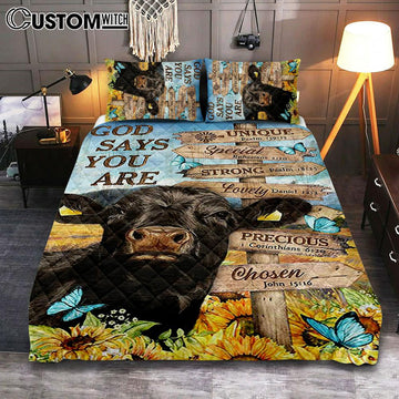 God Says You Are Black Cow Sunflower Field Quilt Bedding Set Bedroom - Bible Verse Quilt Bedding Set Art - Christian Home Decor