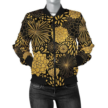 FUNSTUFFPRINT Gold Glitter Floral Pattern Print Women Casual 3D Bomber Jacket