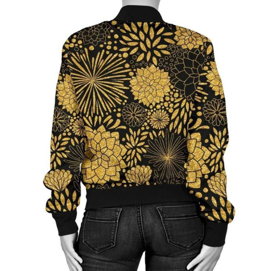 FUNSTUFFPRINT Gold Glitter Floral Pattern Print Women Casual Bomber Jacket