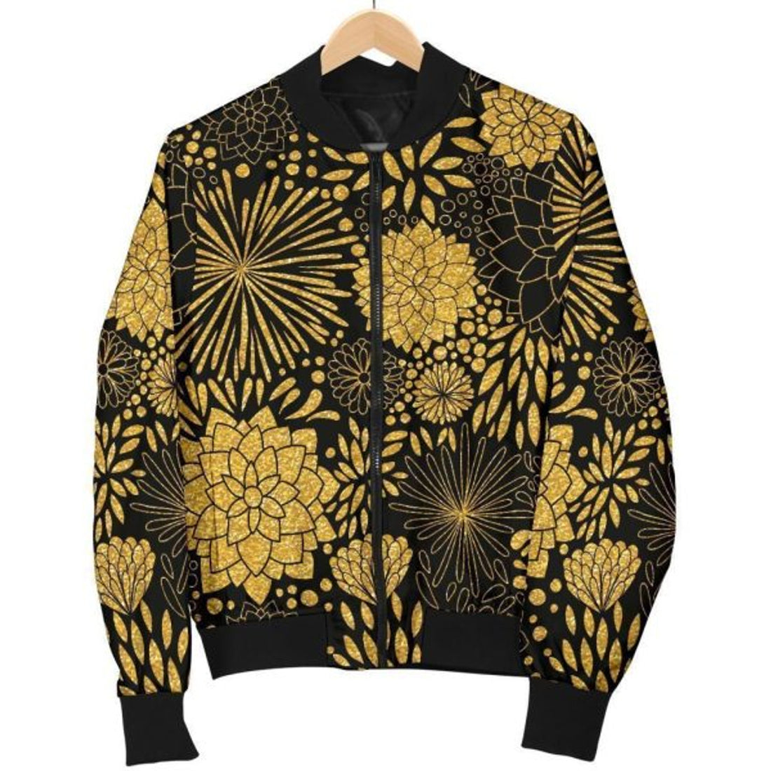 FUNSTUFFPRINT Gold Glitter Floral Pattern Print Women Casual Bomber Jacket
