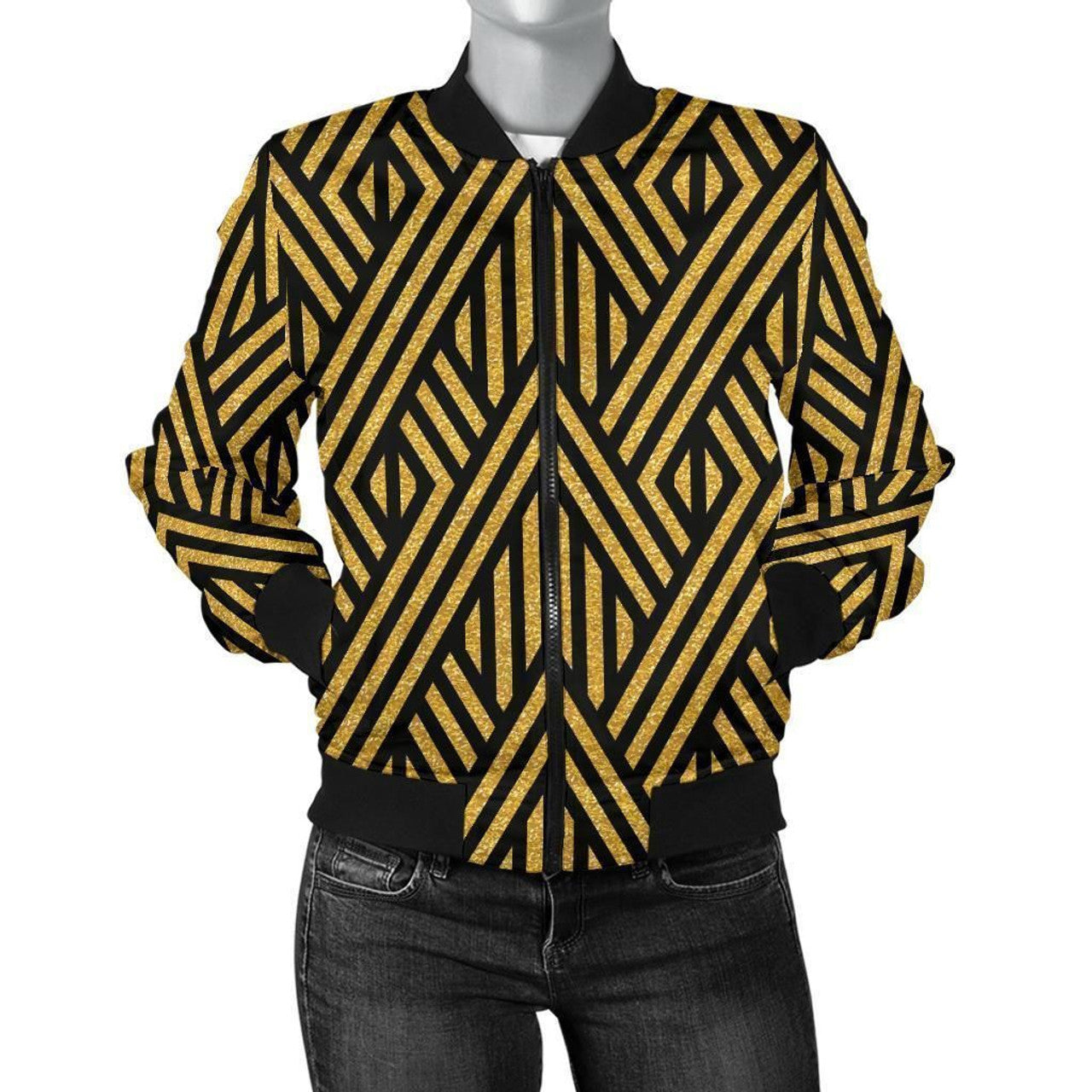 FUNSTUFFPRINT Gold Glitter Pattern Print Women Casual 3D Bomber Jacket