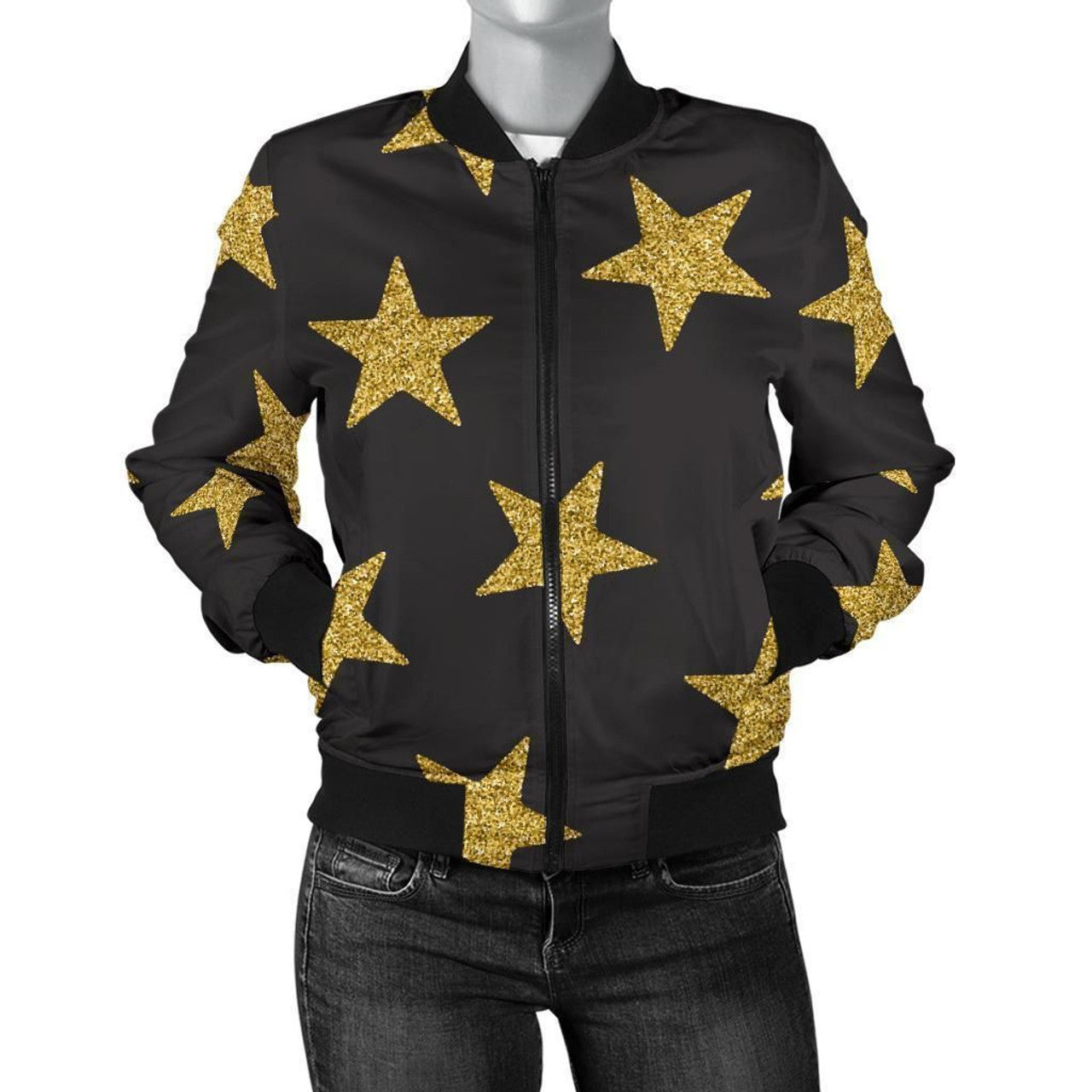 FUNSTUFFPRINT Gold Glitter Star Pattern Print Women Casual 3D Bomber Jacket