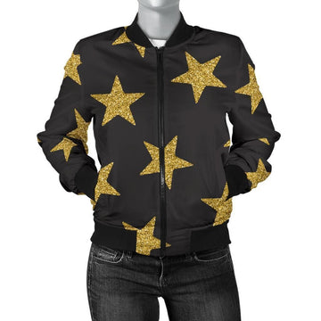 FUNSTUFFPRINT Gold Glitter Star Pattern Print Women Casual 3D Bomber Jacket
