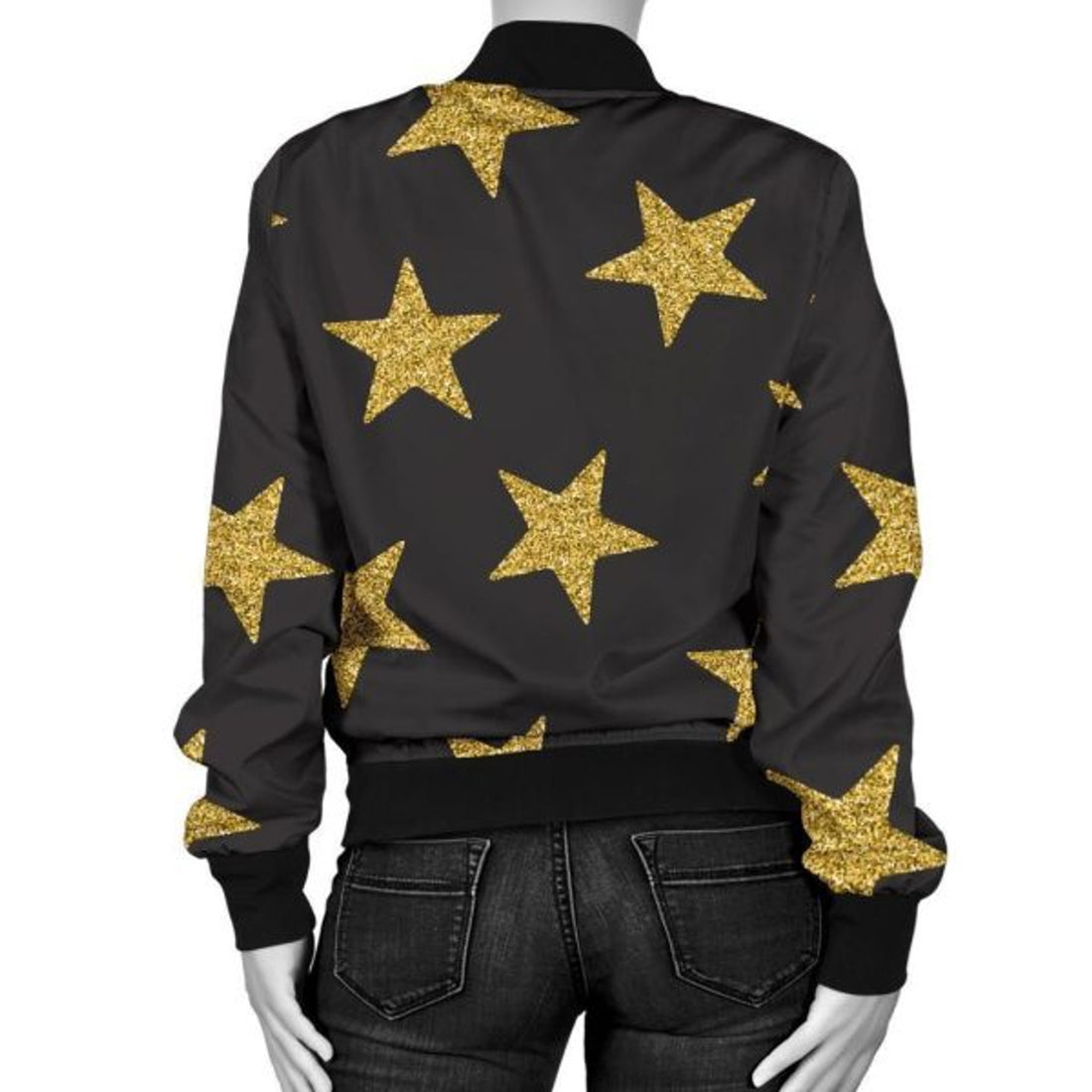 FUNSTUFFPRINT Gold Glitter Star Pattern Print Women Casual Bomber Jacket