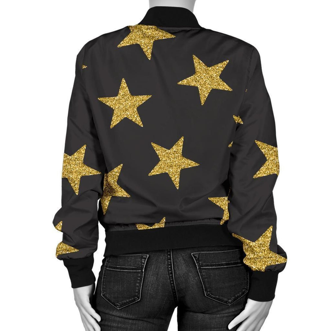 FUNSTUFFPRINT Gold Glitter Star Pattern Print Women Casual 3D Bomber Jacket