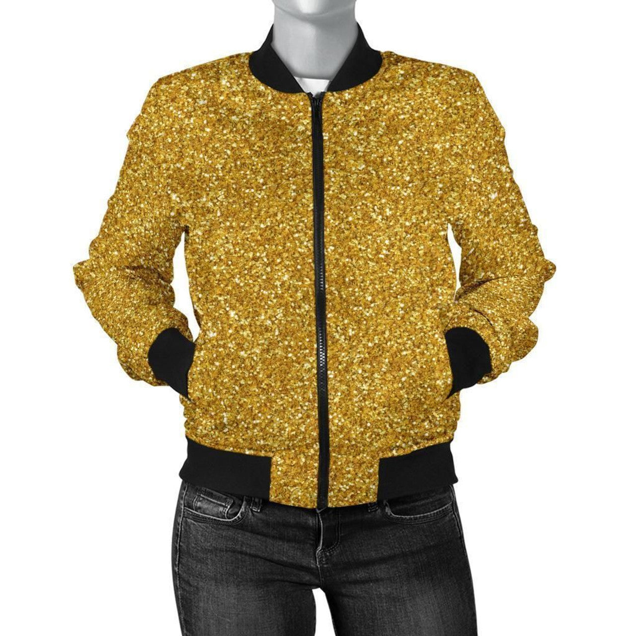 FUNSTUFFPRINT Gold Glitter Star Print Pattern Women Casual 3D Bomber Jacket