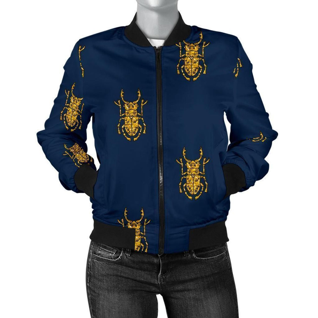 FUNSTUFFPRINT Golden Bug Pattern Print Women Casual 3D Bomber Jacket