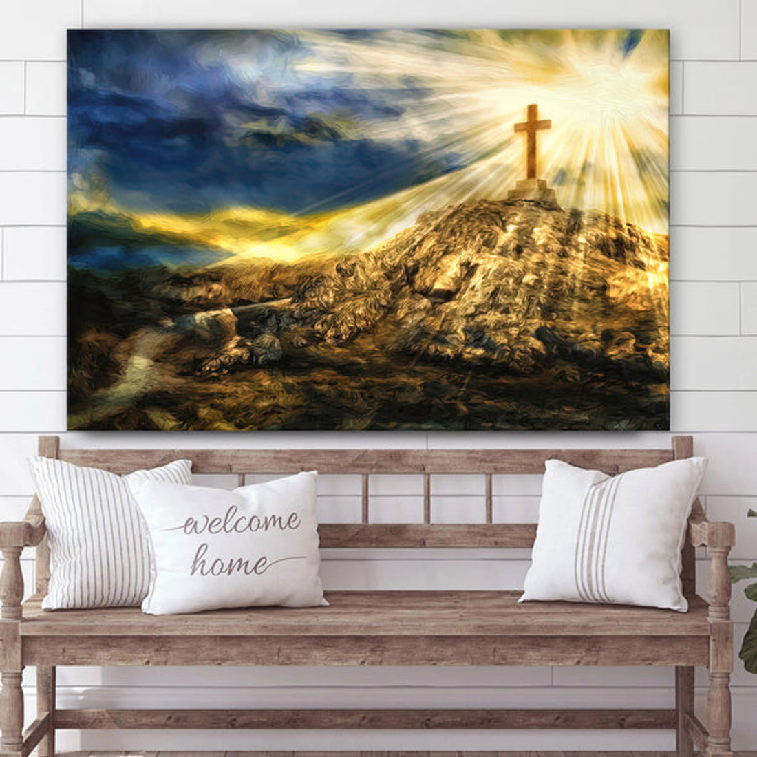 Golden Cross on the Hill Religious Canvas Wall Art - Christian Canvas Wall Decor - Religious Wall Art Canvas