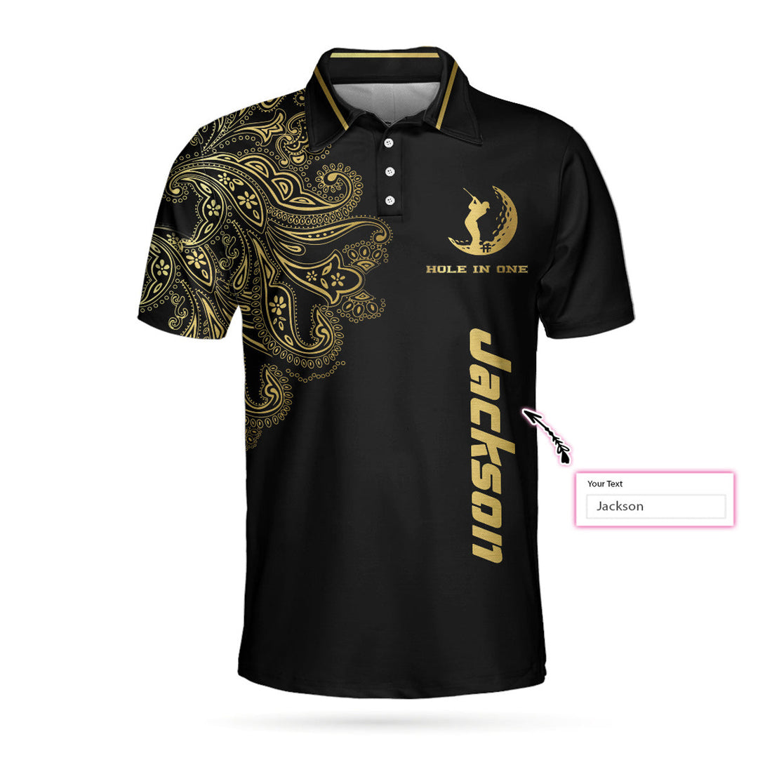 Custom Personalized Golden Floral Paisley Golf Men Polo Shirt, Golden Hole In One Black Golf Custom Shirt For Men