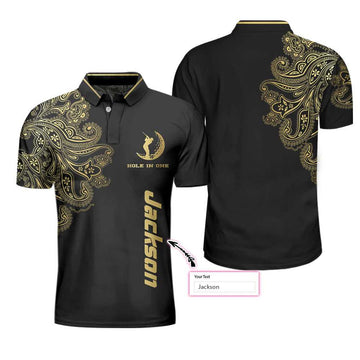 Custom Personalized Golden Floral Paisley Golf Men Polo Shirt, Golden Hole In One Black Golf Custom Shirt For Men
