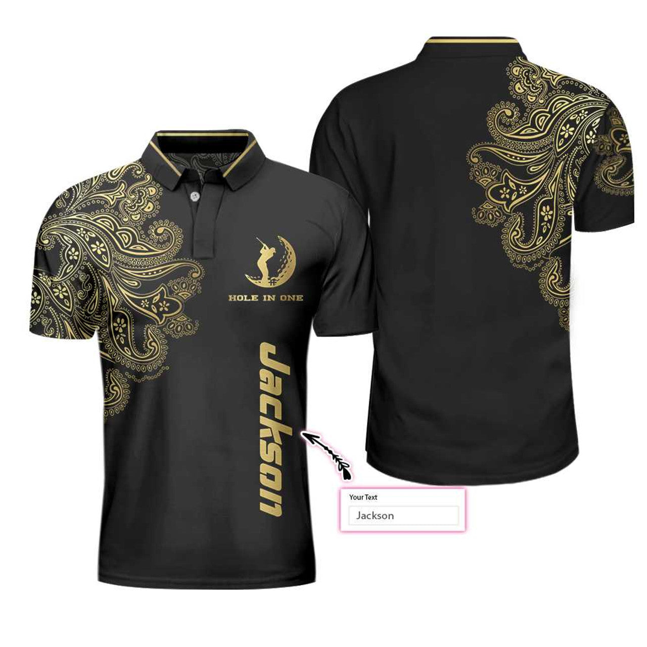 Custom Golden Hole In One Black Golf Custom Polo Shirt, Personalized Golden Floral Paisley Golf Shirt For Men
