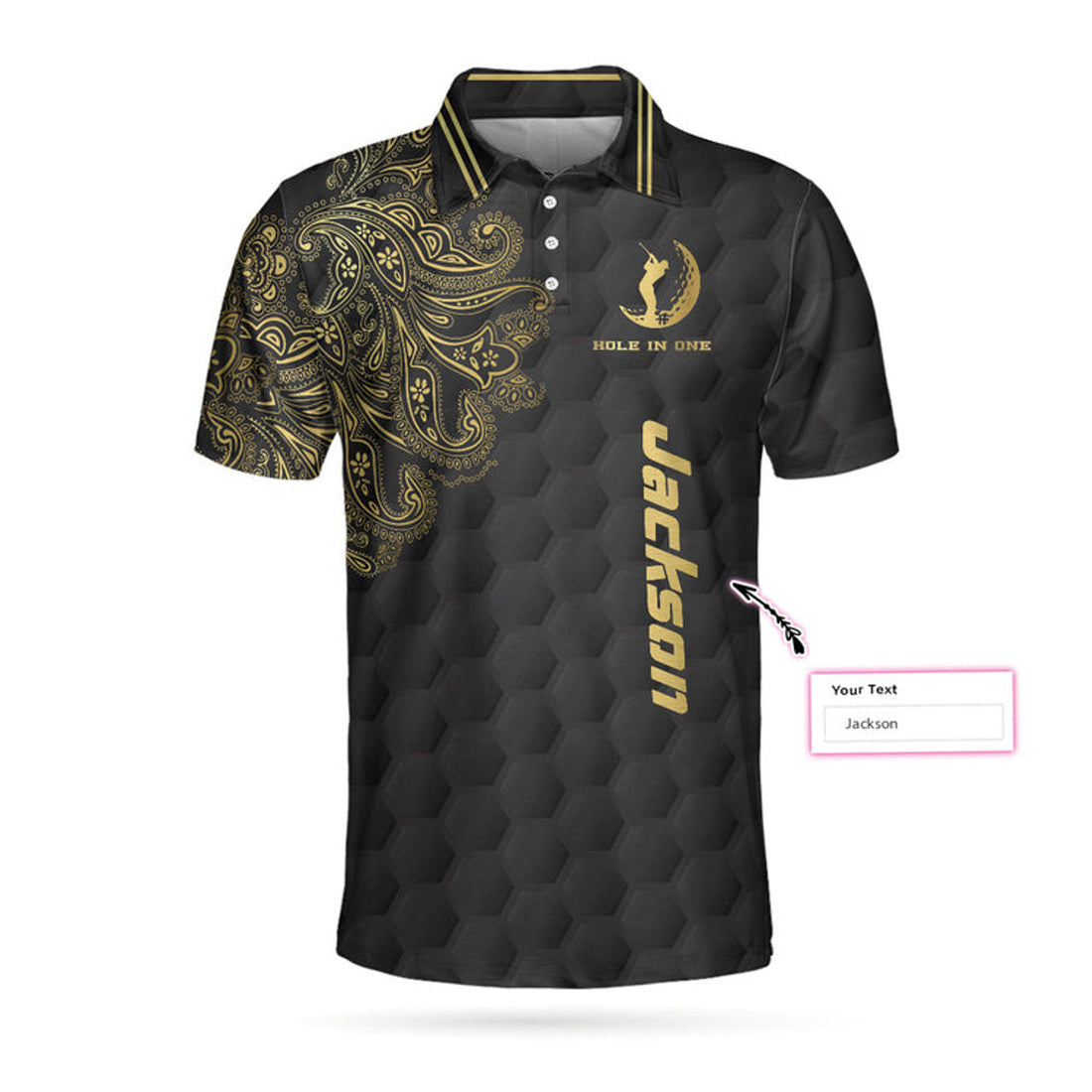 Custom Golden Hole In One Black Golf Texture Custom Polo Shirt, Personalized Golden Floral Paisley Golf Shirt For Men