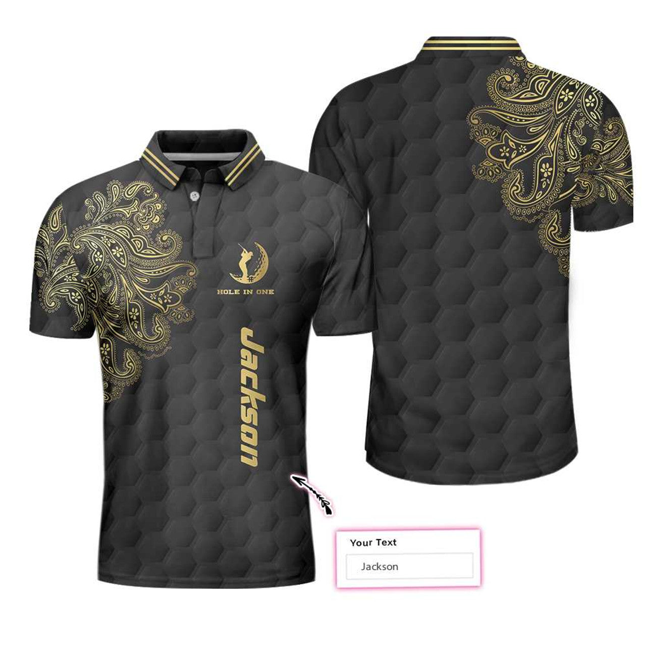 Custom Personalized Golden Floral Paisley Golf Men Polo Shirt, Golden Hole In One Black Golf Texture Custom Shirt For Men