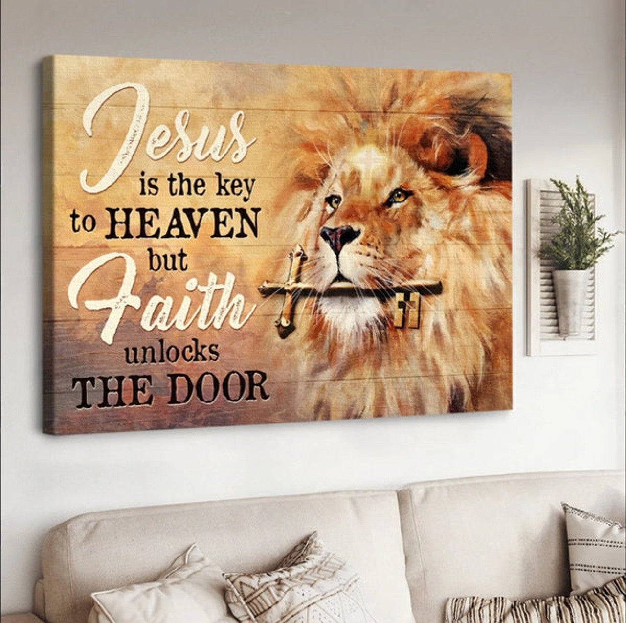 Golden Key Beautiful Lion Jesus Is The Key To Heaven Canvas Wall Art - Jesus Canvas Pictures - Christian Wall Posters